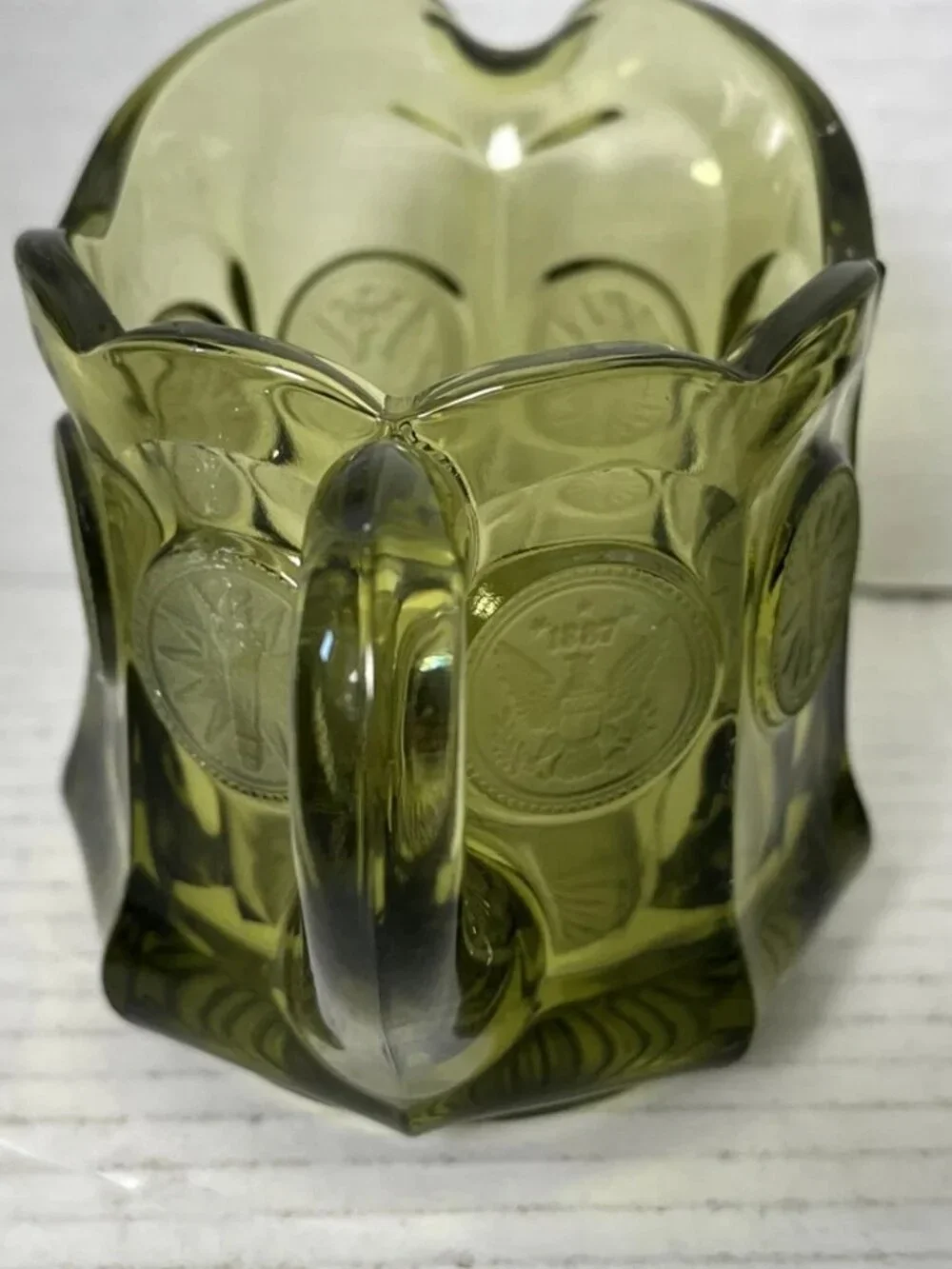 Vintage Fostoria Coin Glass Olive Green Creamer Pitcher